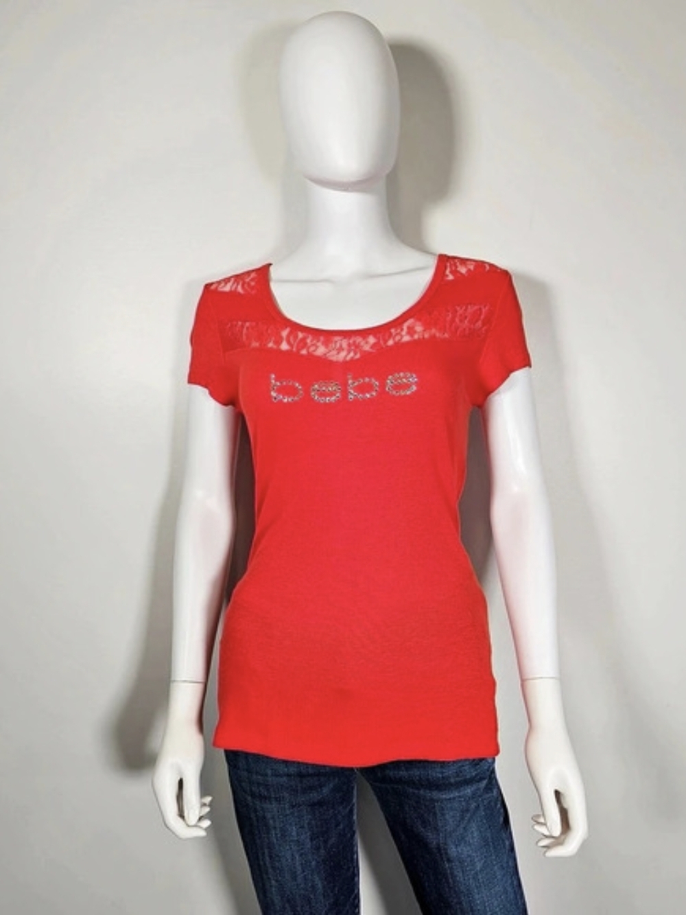 bebe Orange Red Lace Yoke Bedazzled Tee Size L